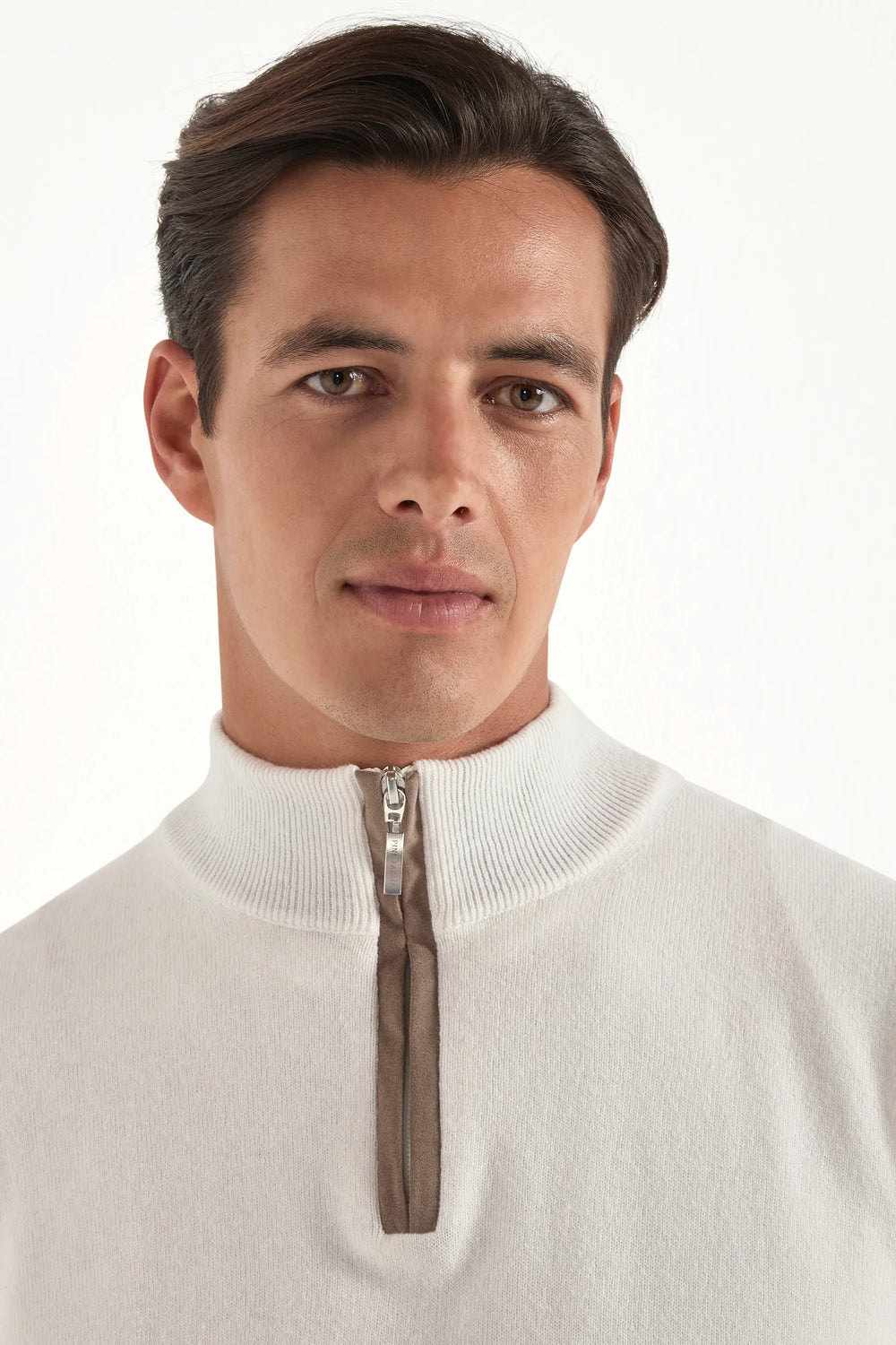 off white half zip sweater, men's cashmere half zip, italian wool half zip, off white zip sweater, luxury men's half zip, elegant men's knitwear, refined wool half zip, tailored off white half zip, premium italian half zip, sophisticated men's zip sweater, timeless italian knitwear, upscale men's half zip, classic off white sweater, italian craftsmanship knitwear, premium men's cashmere zip, refined italian half zip