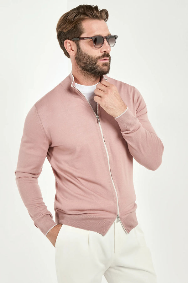 Man wearing a pink zip-up sweatshirt and sunglasses on a white background