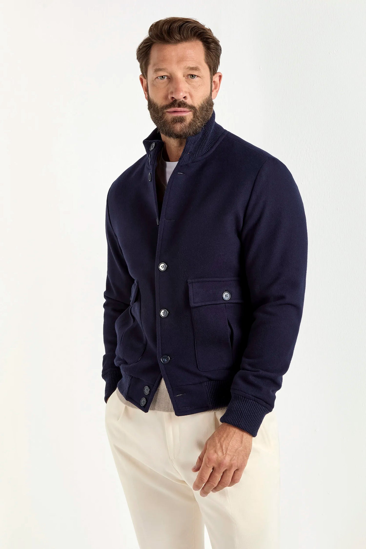 Blouson bomber bleu en flanelle de laine Super 180's – Made in Italy