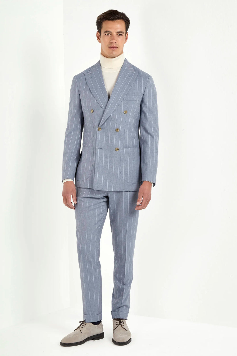 Dusty blue striped double breasted suit - Made in Italy