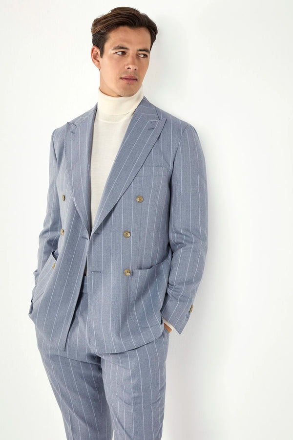 Dusty blue striped double breasted suit - Made in Italy