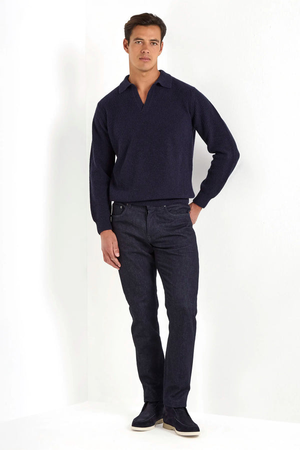 Polo bleu côtelé en mélange de cachemire – Made in Italy