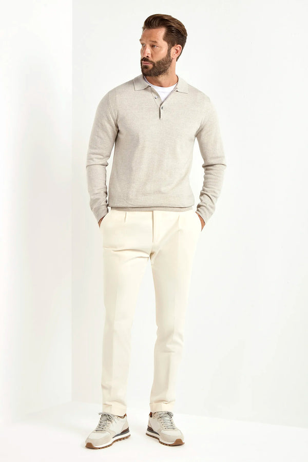 greige merino wool polo, italian style, made in italy, lightweight merino polo, 100% merino wool polo, luxury knit polo, elegant merino shirt, refined menswear polo, premium italian knitwear, smart casual polo, versatile layering polo, fine merino polo, tailored merino polo, breathable wool polo, soft merino knit polo, upscale polo shirt, italian craftsmanship polo, polished knit polo, classic greige merino polo, timeless italian knit