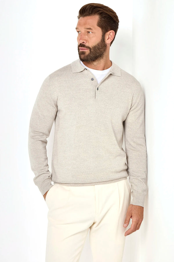 greige merino wool polo, italian style, made in italy, lightweight merino polo, 100% merino wool polo, luxury knit polo, elegant merino shirt, refined menswear polo, premium italian knitwear, smart casual polo, versatile layering polo, fine merino polo, tailored merino polo, breathable wool polo, soft merino knit polo, upscale polo shirt, italian craftsmanship polo, polished knit polo, classic greige merino polo, timeless italian knit