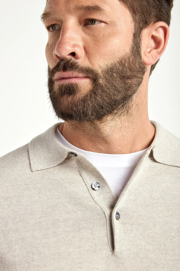 greige merino wool polo, italian style, made in italy, lightweight merino polo, 100% merino wool polo, luxury knit polo, elegant merino shirt, refined menswear polo, premium italian knitwear, smart casual polo, versatile layering polo, fine merino polo, tailored merino polo, breathable wool polo, soft merino knit polo, upscale polo shirt, italian craftsmanship polo, polished knit polo, classic greige merino polo, timeless italian knit