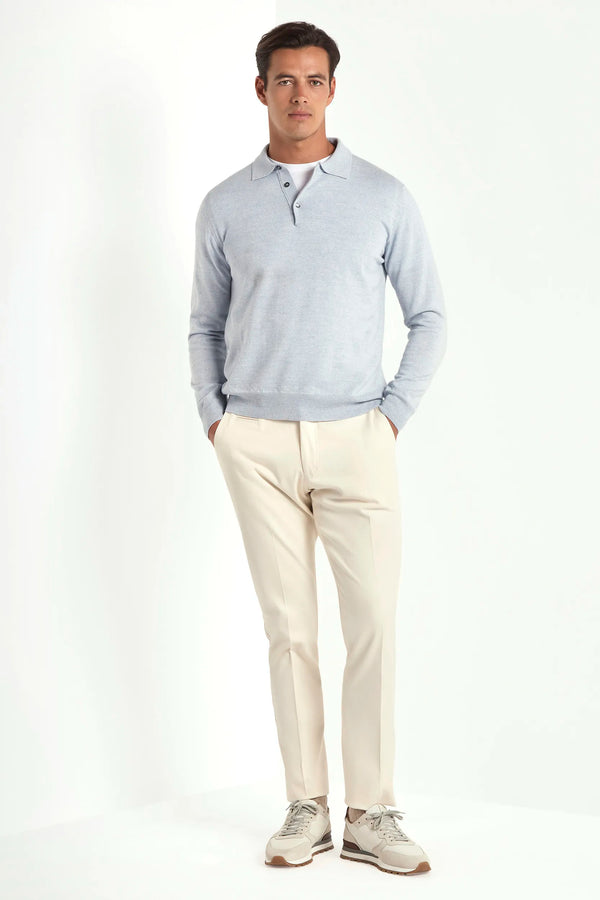 merino wool polo, light blue polo, italian style, made in italy, 100% merino wool polo, lightweight knit polo, luxury knit polo, elegant polo shirt, refined menswear polo, premium italian knitwear, smart casual polo, versatile winter layering, fine merino polo, tailored fit polo, breathable wool polo, soft merino knit polo, upscale polo shirt, italian craftsmanship polo, winter polo layering, polished knit polo