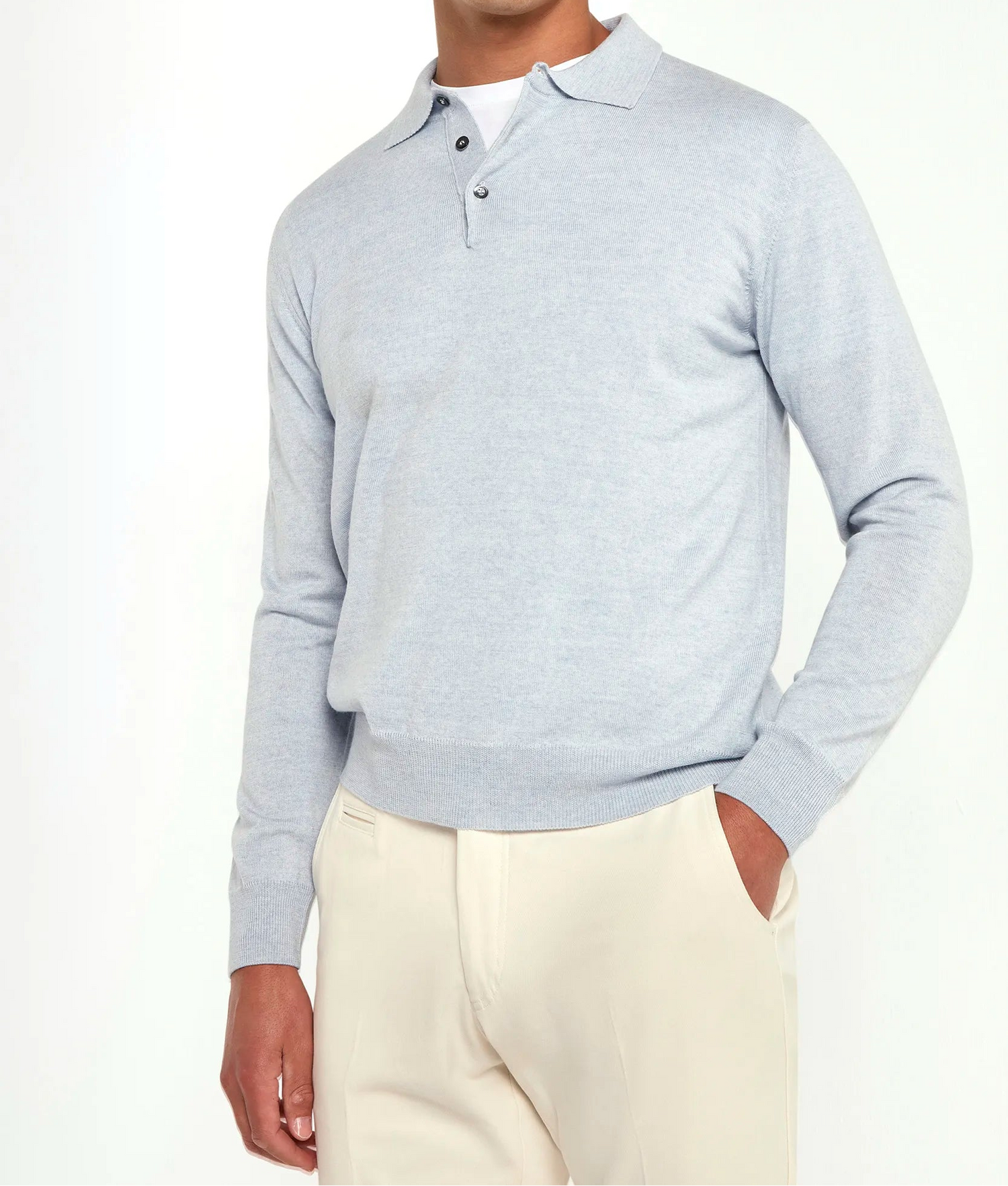 merino wool polo, light blue polo, italian style, made in italy, 100% merino wool polo, lightweight knit polo, luxury knit polo, elegant polo shirt, refined menswear polo, premium italian knitwear, smart casual polo, versatile winter layering, fine merino polo, tailored fit polo, breathable wool polo, soft merino knit polo, upscale polo shirt, italian craftsmanship polo, winter polo layering, polished knit polo