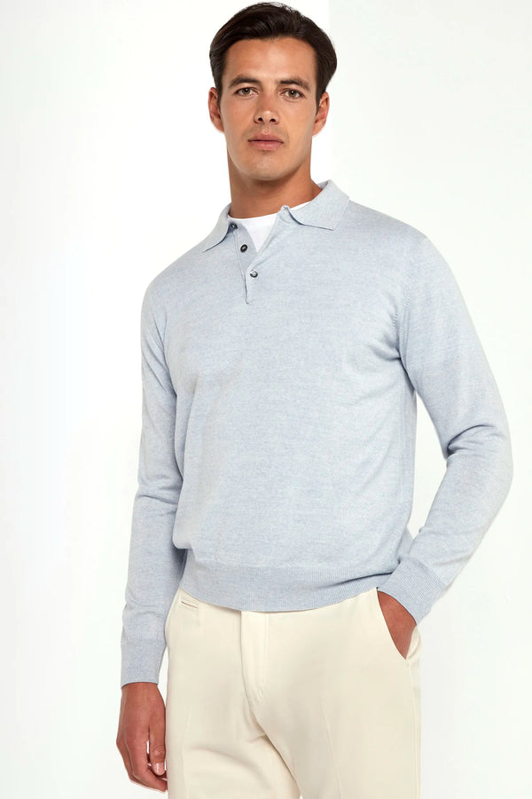 merino wool polo, light blue polo, italian style, made in italy, 100% merino wool polo, lightweight knit polo, luxury knit polo, elegant polo shirt, refined menswear polo, premium italian knitwear, smart casual polo, versatile winter layering, fine merino polo, tailored fit polo, breathable wool polo, soft merino knit polo, upscale polo shirt, italian craftsmanship polo, winter polo layering, polished knit polo