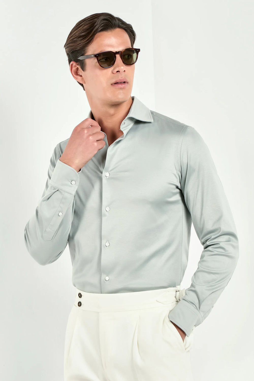 light sage cotton shirt, men's sage shirt, italian mercerized shirt, sage dress shirt, luxury men's shirt, elegant men's shirt, refined cotton shirt, tailored sage shirt, premium italian shirt, sophisticated men's shirt, timeless italian shirt, upscale men's shirt, classic sage shirt, italian craftsmanship shirt, premium mercerized cotton shirt, refined italian shirt