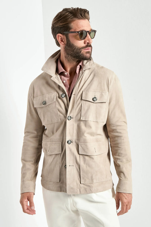 taupe suede jacket, men's suede field jacket, italian suede jacket, taupe field jacket, luxury men's outerwear, elegant men's jacket, refined suede jacket, tailored taupe jacket, premium italian suede, sophisticated men's field jacket, timeless italian outerwear, upscale men's suede jacket, classic taupe jacket, italian craftsmanship suede, premium men's field jacket, refined italian suede jacket