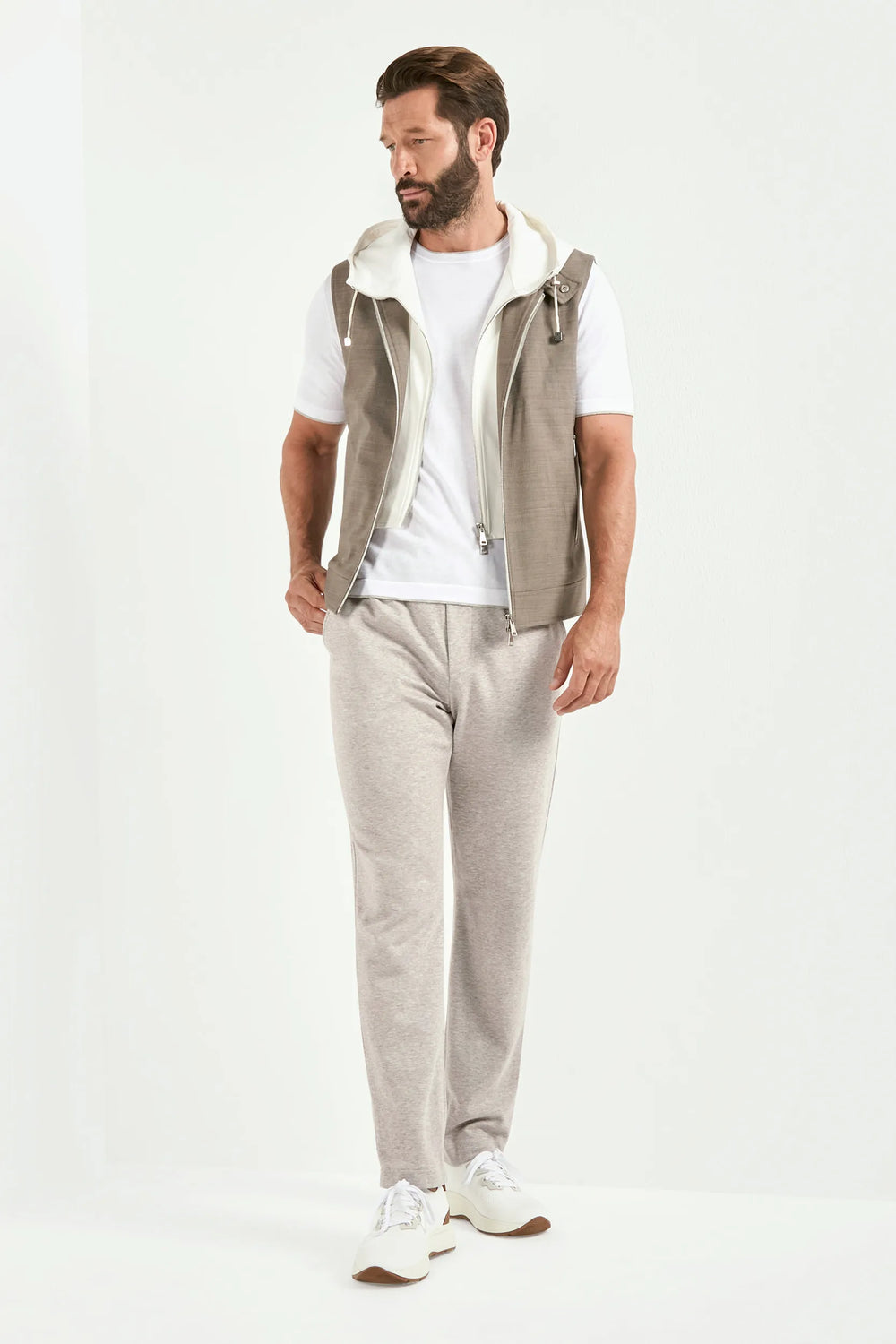 tobacco hooded vest, men's brown vest, italian hooded vest, tobacco sleeveless jacket, luxury men's outerwear, elegant men's vest, refined hooded vest, tailored tobacco vest, premium italian vest, sophisticated men's outerwear, timeless italian vest, upscale men's hooded vest, classic tobacco vest, italian craftsmanship vest, premium men's sleeveless vest, refined italian hooded vest