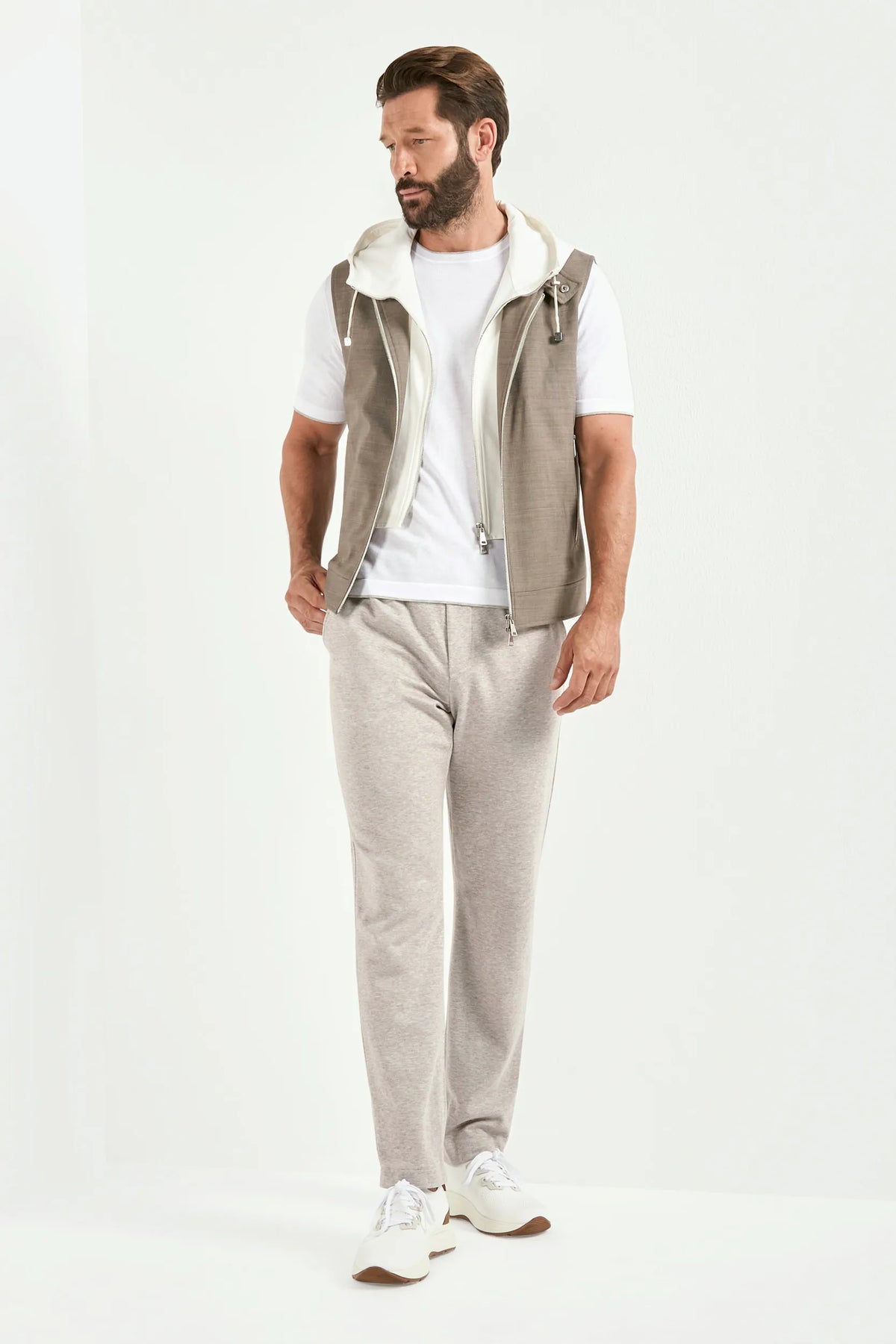 tobacco hooded vest, men's brown vest, italian hooded vest, tobacco sleeveless jacket, luxury men's outerwear, elegant men's vest, refined hooded vest, tailored tobacco vest, premium italian vest, sophisticated men's outerwear, timeless italian vest, upscale men's hooded vest, classic tobacco vest, italian craftsmanship vest, premium men's sleeveless vest, refined italian hooded vest