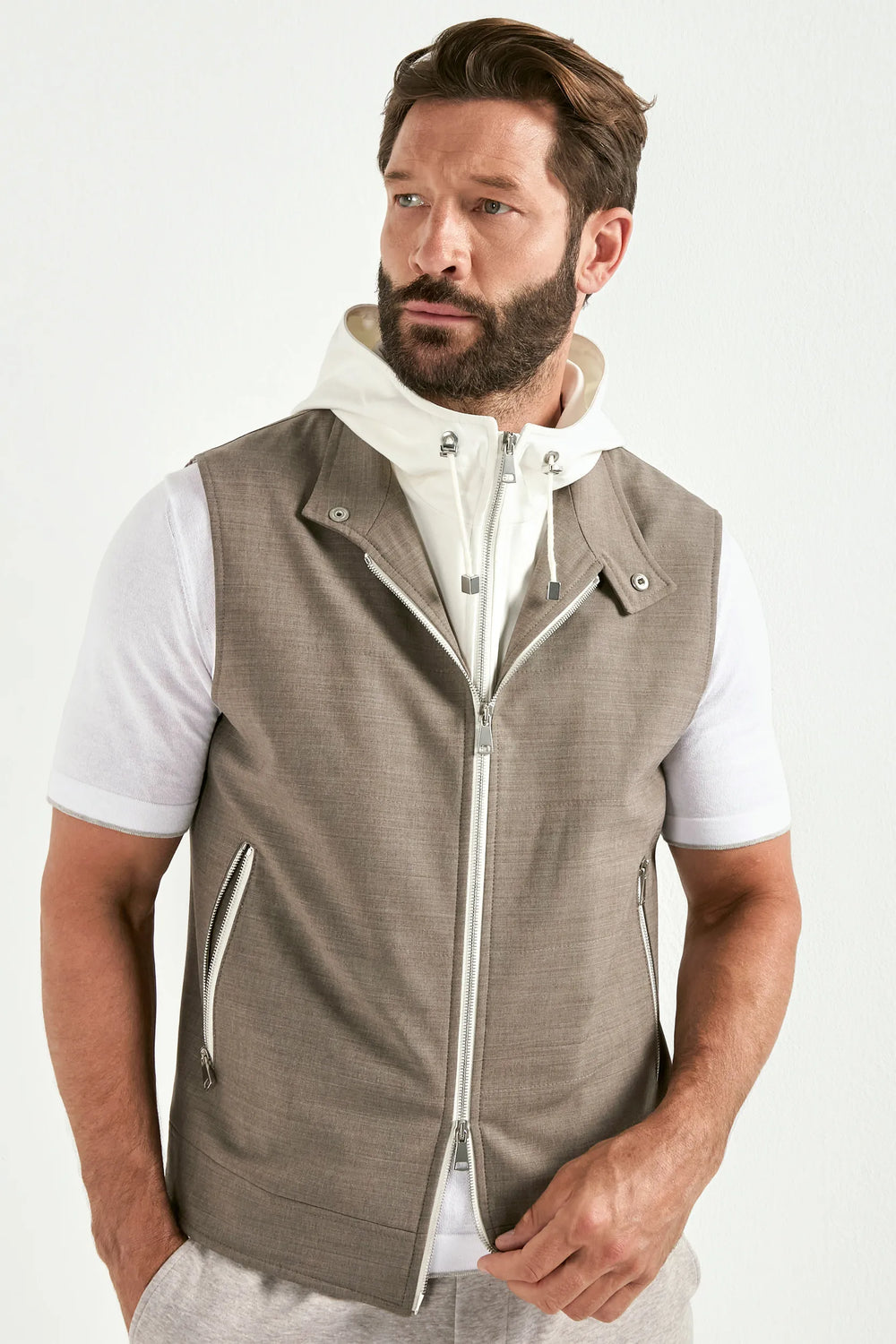 tobacco hooded vest, men's brown vest, italian hooded vest, tobacco sleeveless jacket, luxury men's outerwear, elegant men's vest, refined hooded vest, tailored tobacco vest, premium italian vest, sophisticated men's outerwear, timeless italian vest, upscale men's hooded vest, classic tobacco vest, italian craftsmanship vest, premium men's sleeveless vest, refined italian hooded vest