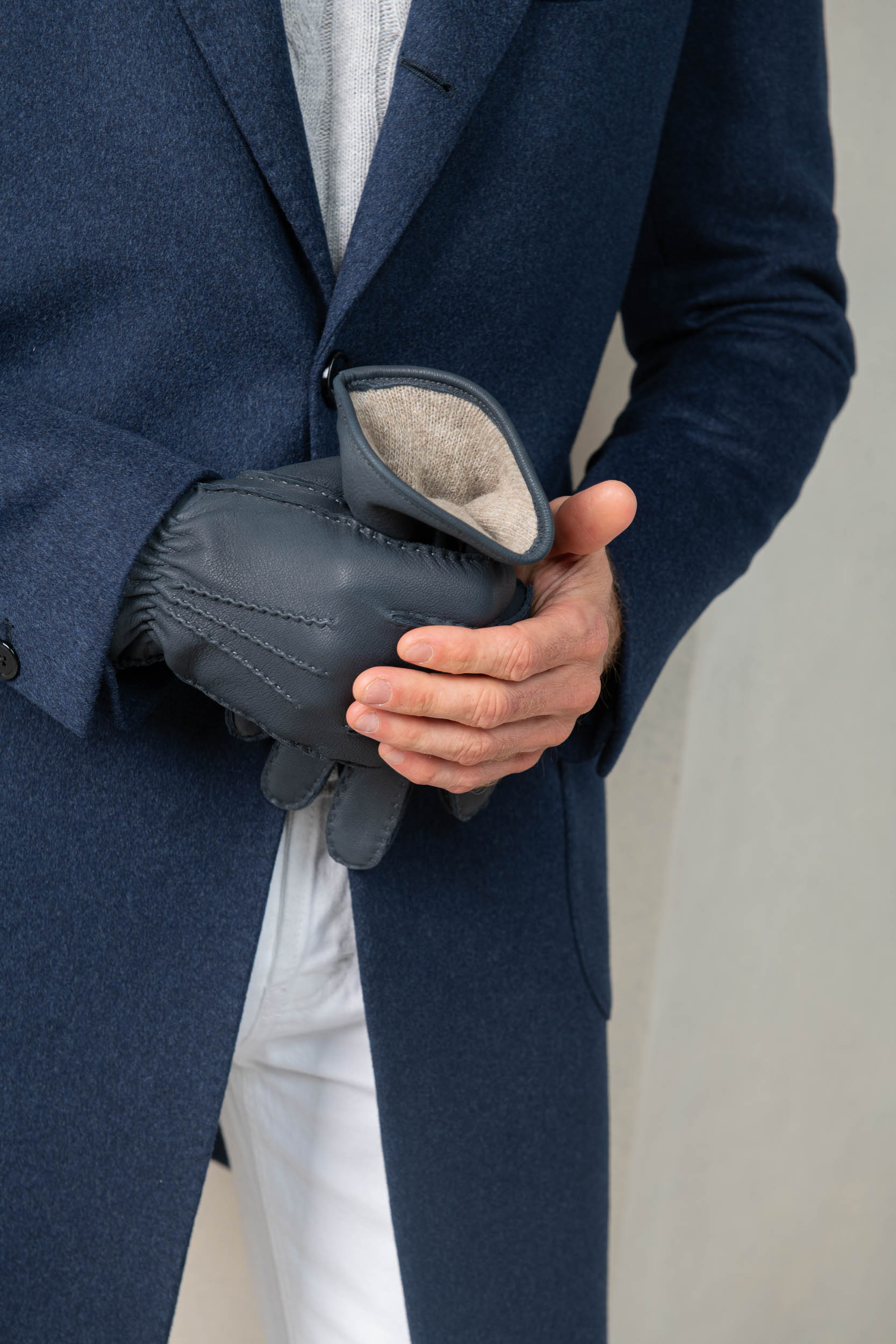 Dusty blue Cashmere Lined Deerskin Leather Gloves - Made in Italy