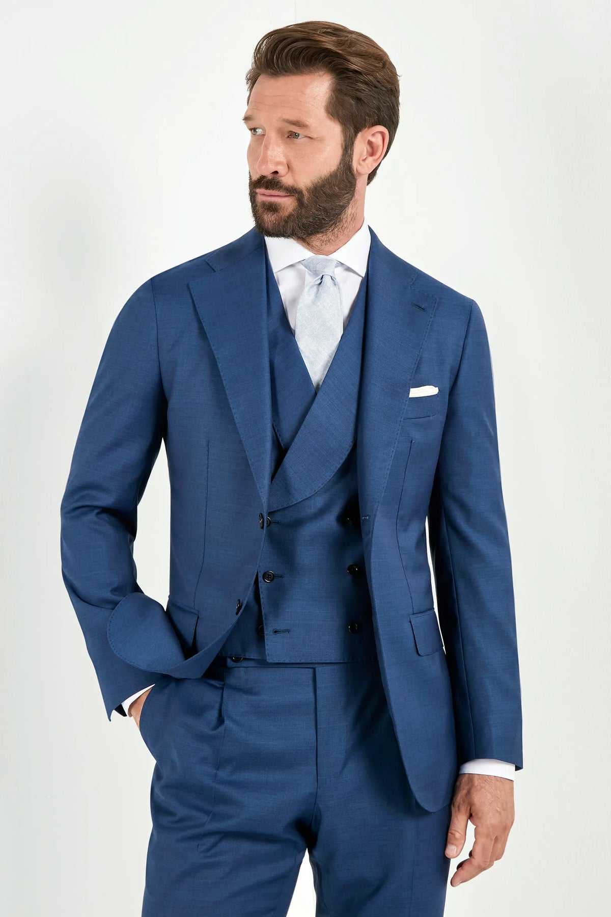 Men Pini Parma blue double breasted suit made in italy in wool from Tallia Di Delfino “Napoli”