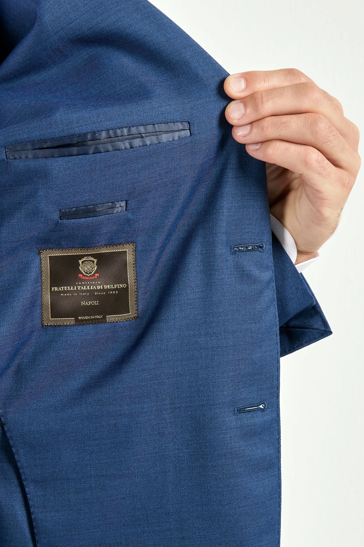 Men Pini Parma blue single breasted suit made in italy in wool from Tallia Di Delfino “Napoli”