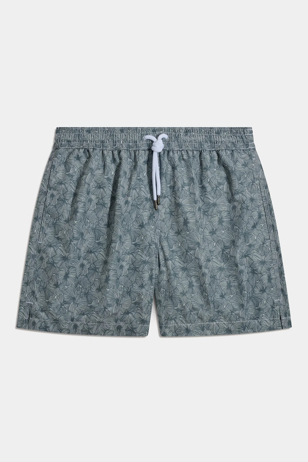 Gray patterned shorts with a drawstring on a white background
