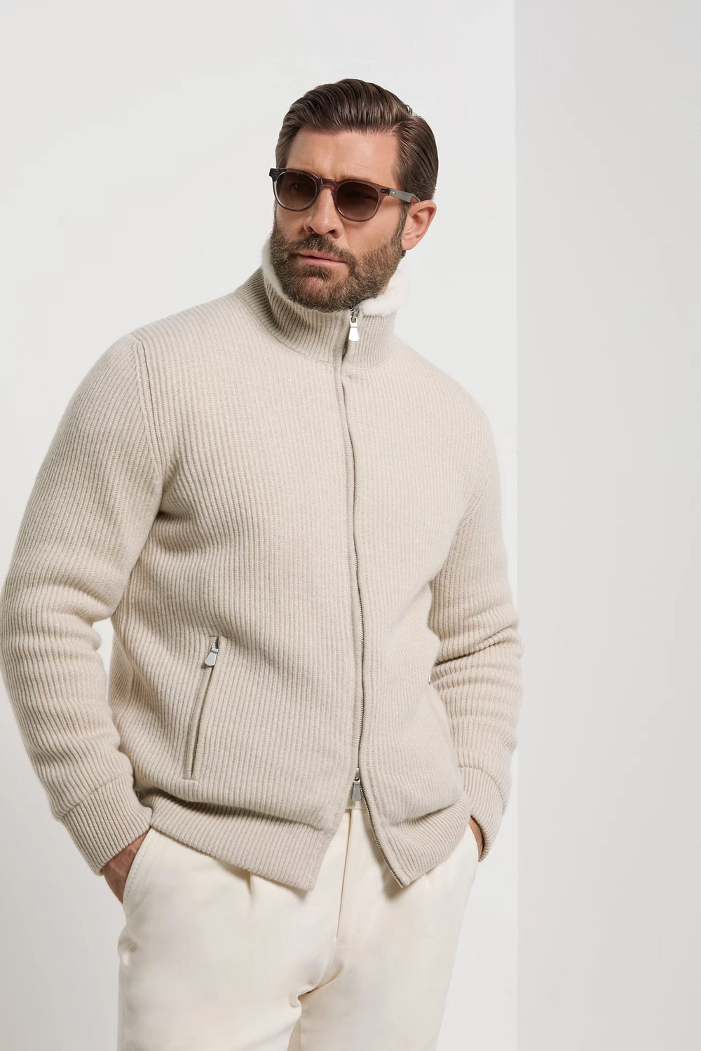 Bomber en maille de cachemire sable avec fourrure - Made in Italy