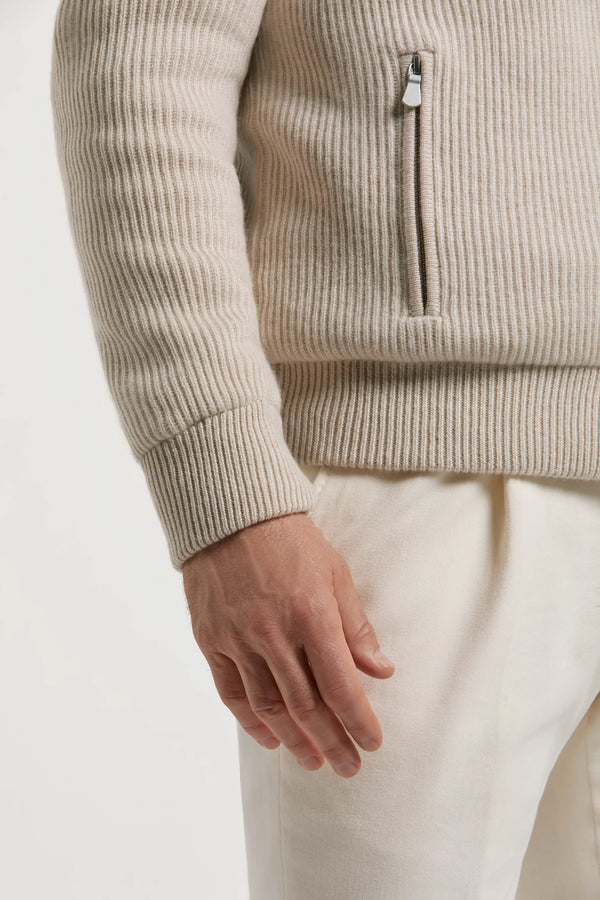 Bomber en maille de cachemire sable avec fourrure - Made in Italy