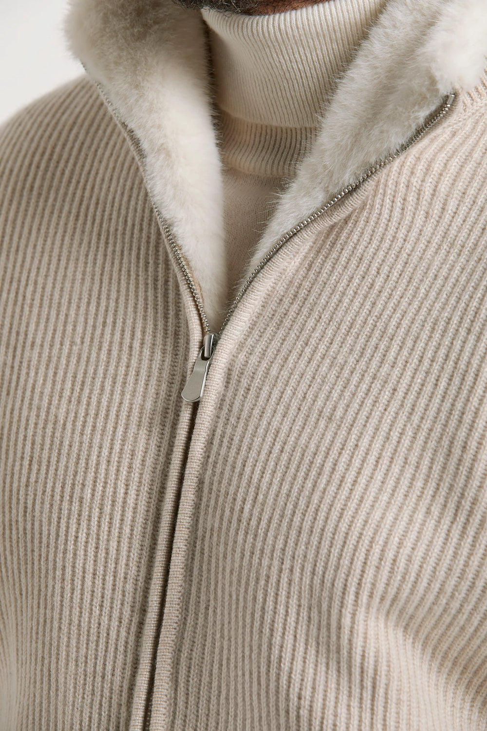 Bomber en maille de cachemire sable avec fourrure - Made in Italy