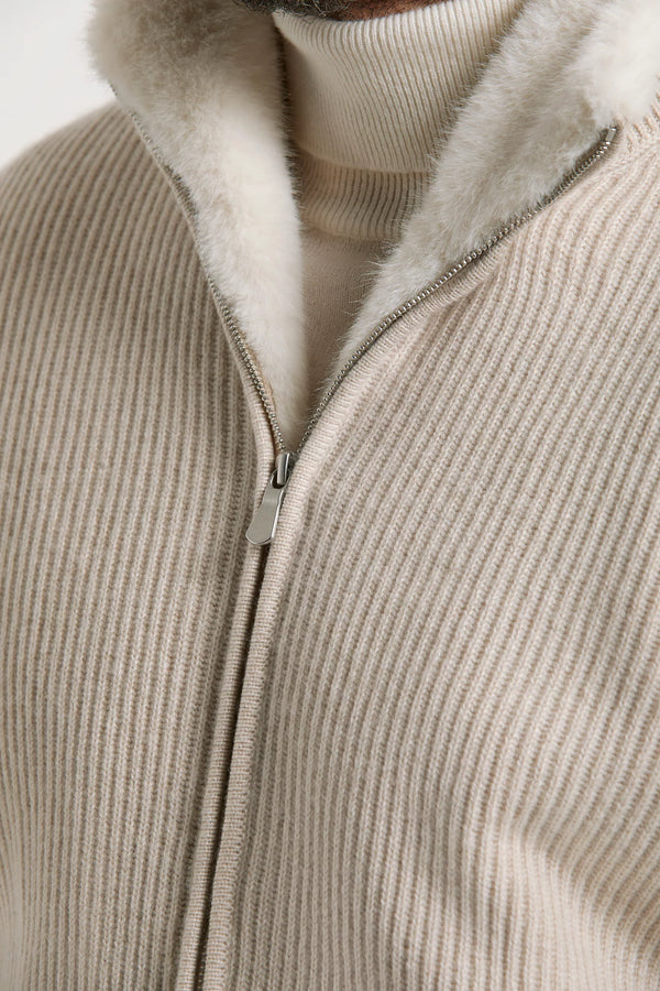 Bomber en maille de cachemire sable avec fourrure - Made in Italy