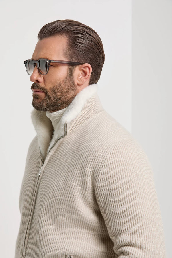 Bomber en maille de cachemire sable avec fourrure - Made in Italy