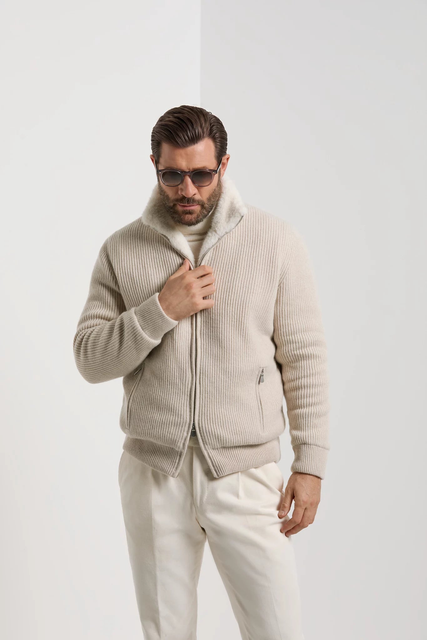 Bomber en maille de cachemire sable avec fourrure - Made in Italy
