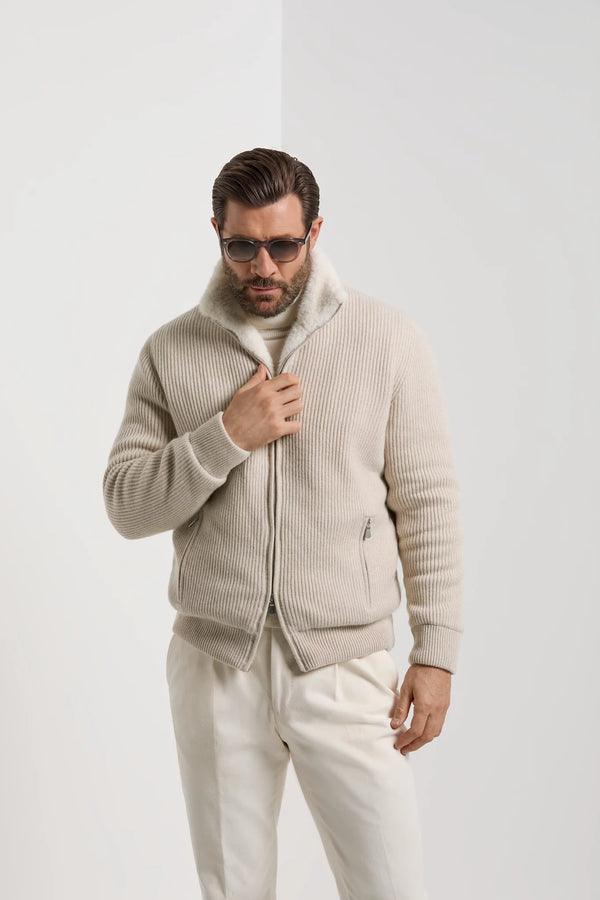 Bomber en maille de cachemire sable avec fourrure - Made in Italy