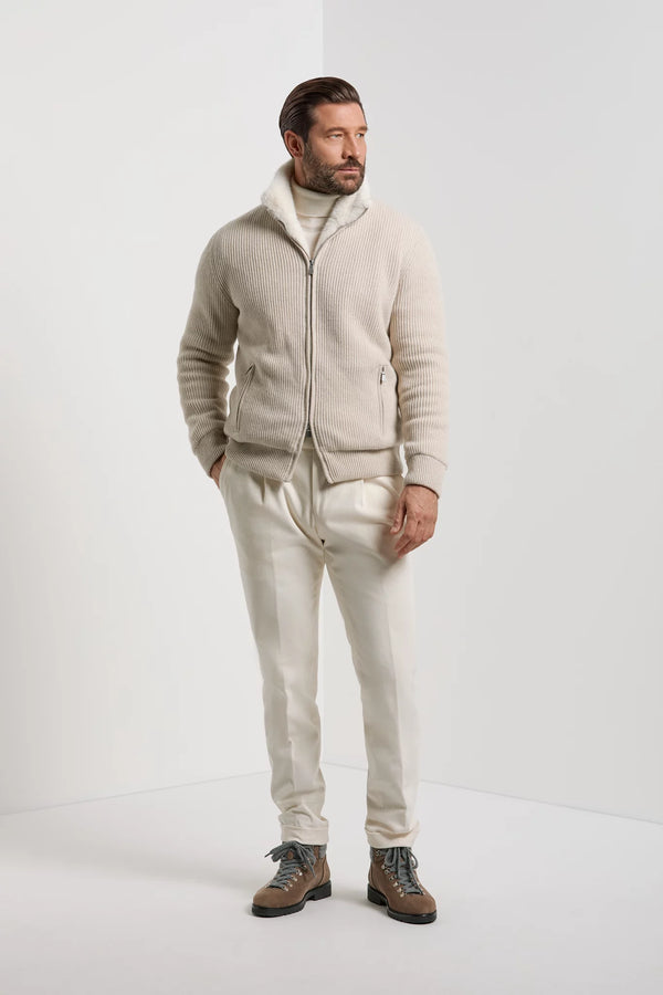 Bomber en maille de cachemire sable avec fourrure - Made in Italy
