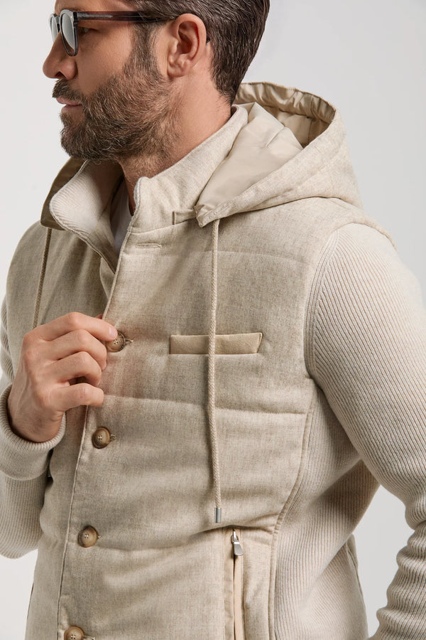 Pini Parma made in Italy men sand flannel and knit hooded jacket 