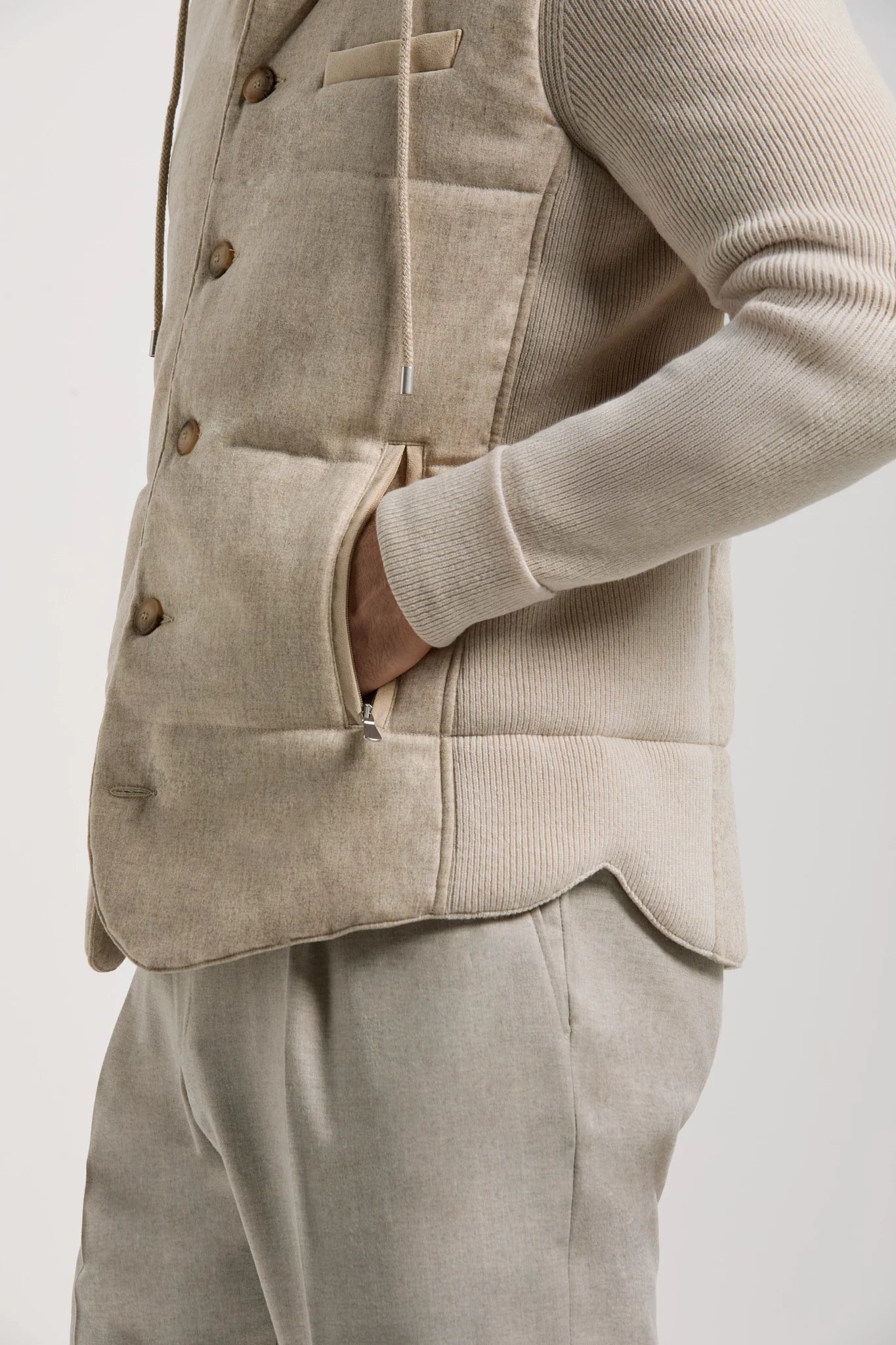 Pini Parma made in Italy men sand flannel and knit hooded jacket 