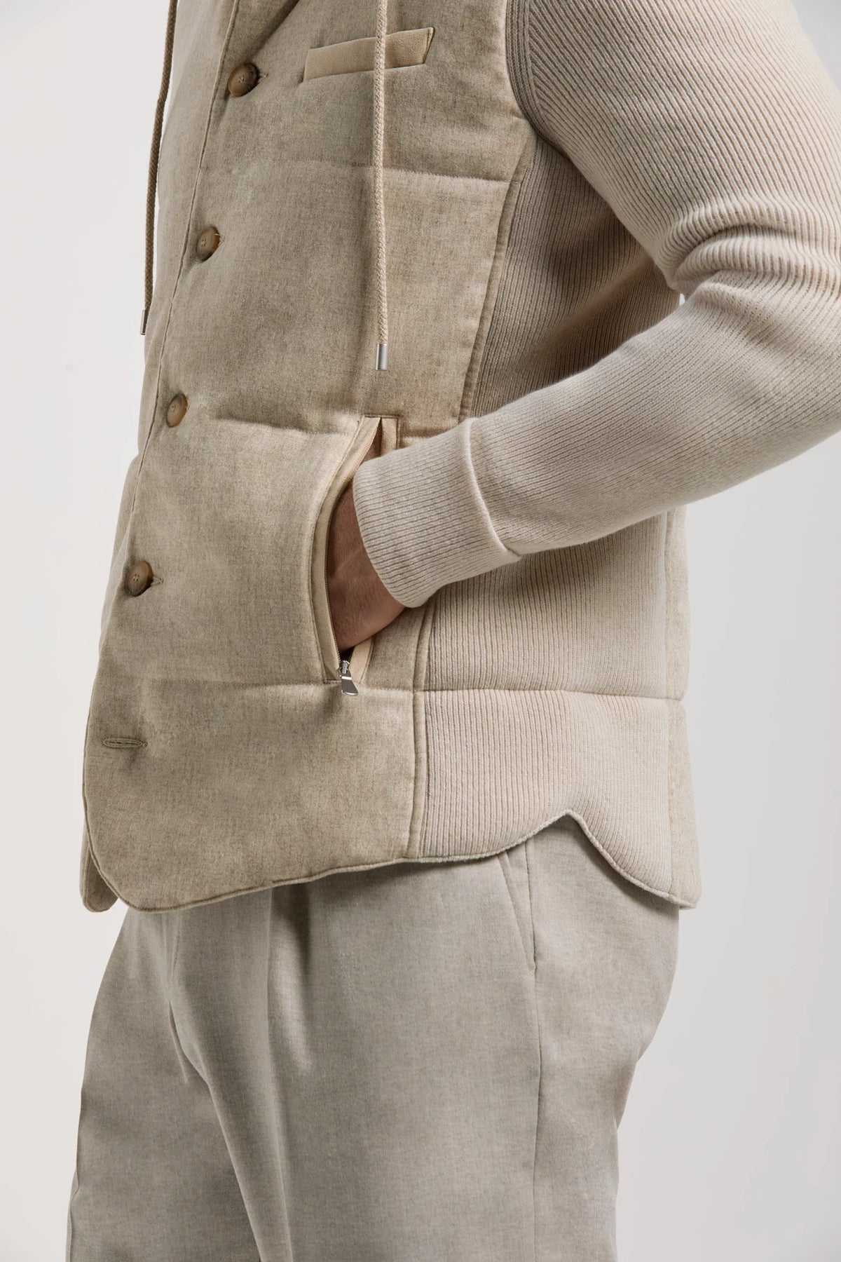 Pini Parma made in Italy men sand flannel and knit hooded jacket 