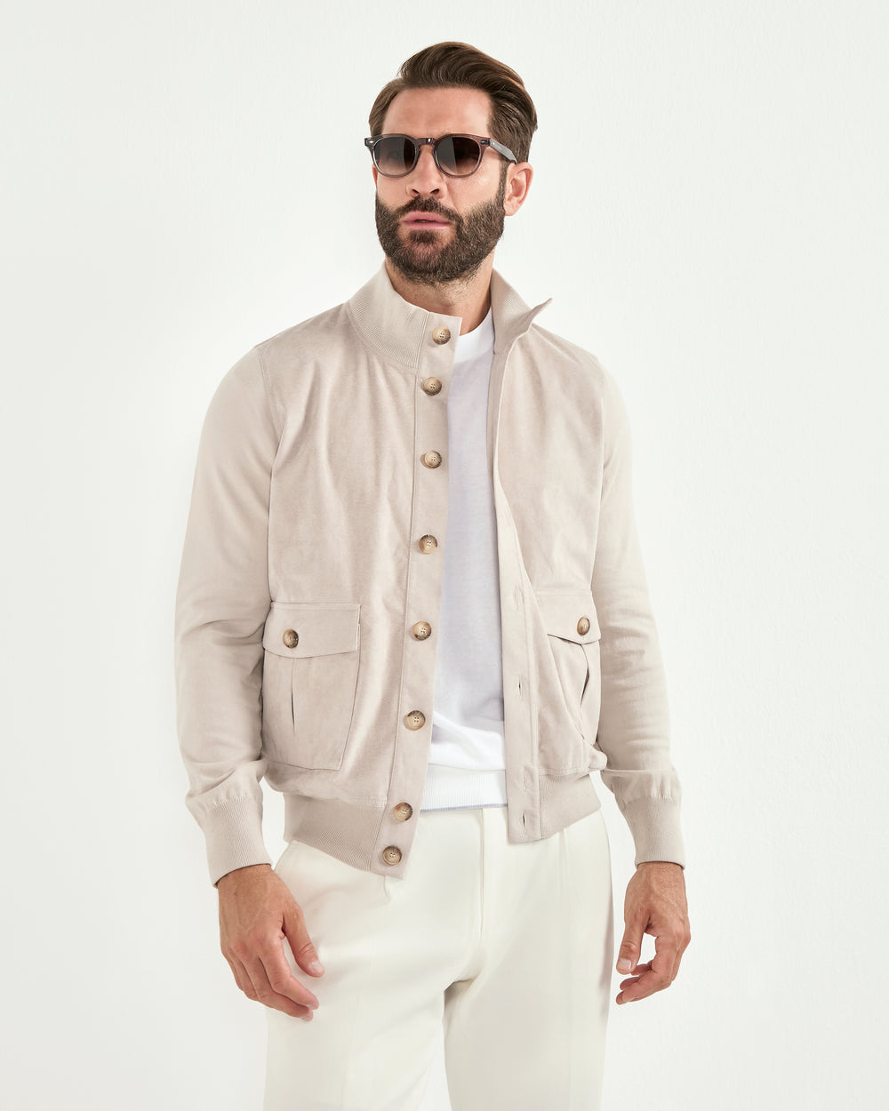 Men Pini Parma beige bomber jacket made in italy in alcantara and cotton
