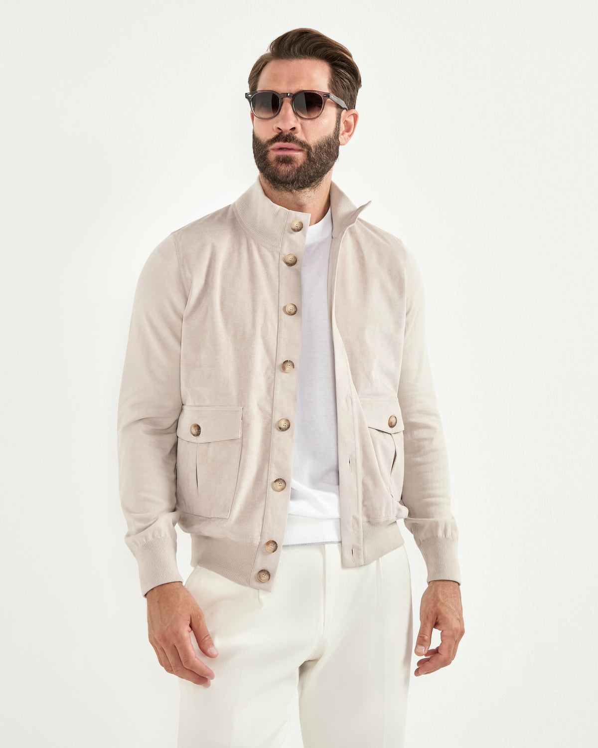 Men Pini Parma beige bomber jacket made in italy in alcantara and cotton