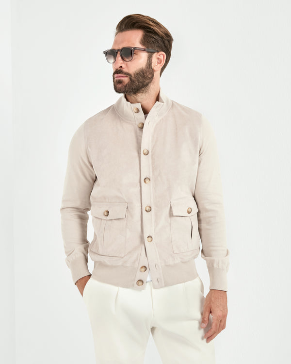Men Pini Parma beige bomber jacket made in italy in alcantara and cotton