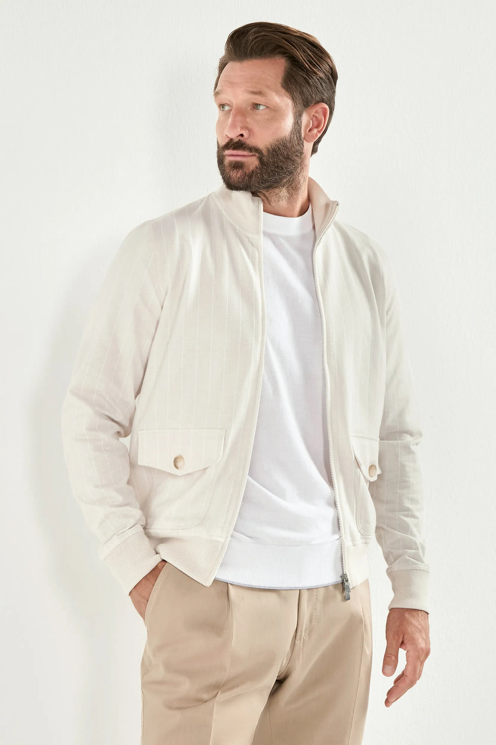 Men Pini Parma beige cotton and linen striped bomber made in italy 