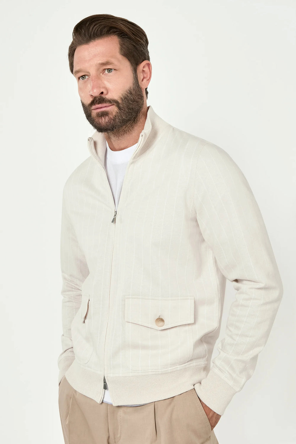 Men Pini Parma beige cotton and linen striped bomber made in italy 