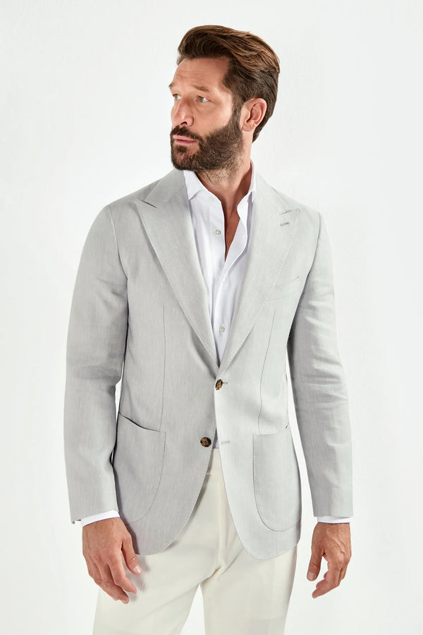 Men Pini Parma light grey single breasted jacket made in italy in a blend of linen wool and silk 