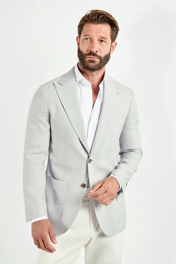 Men Pini Parma light grey single breasted jacket made in italy in a blend of linen wool and silk 