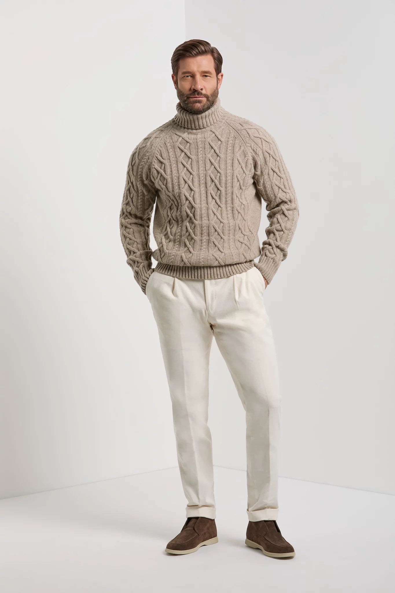 Pini Parma made in Italy men taupe aran turtleneck sweater