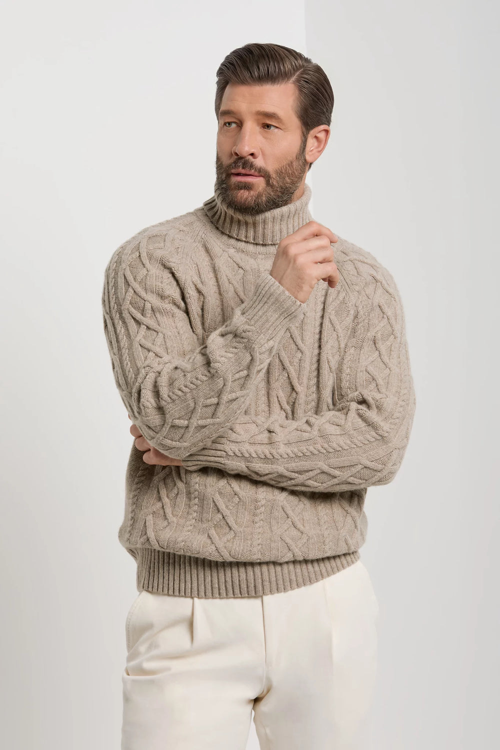 Pini Parma made in Italy men taupe aran turtleneck sweater