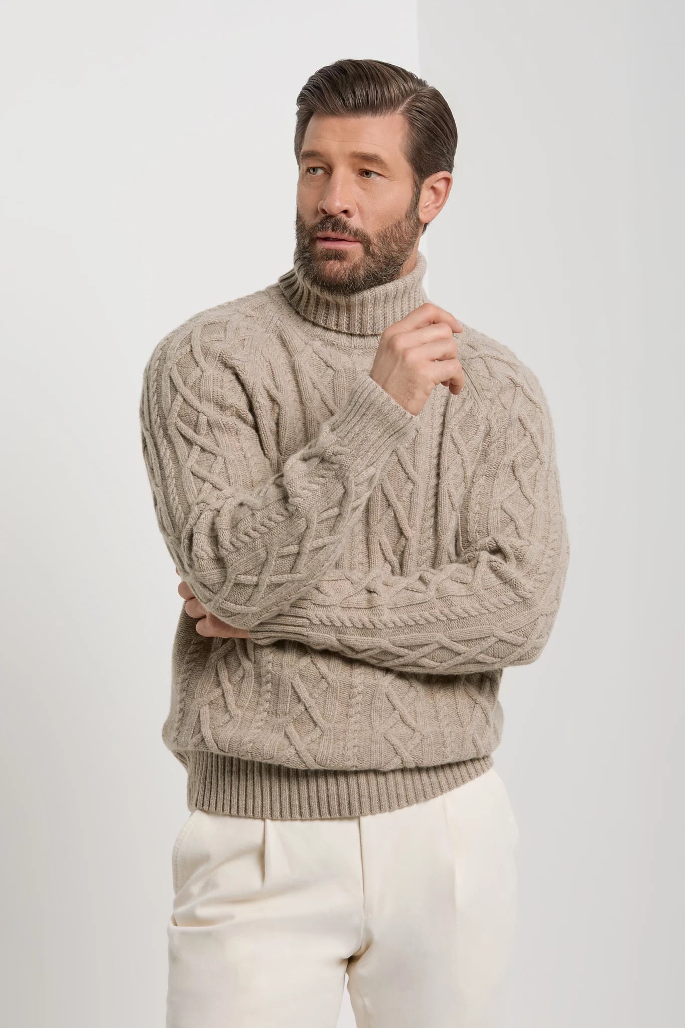 Pini Parma made in Italy men taupe aran turtleneck sweater