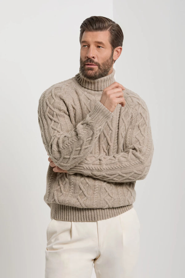 Pini Parma made in Italy men taupe aran turtleneck sweater