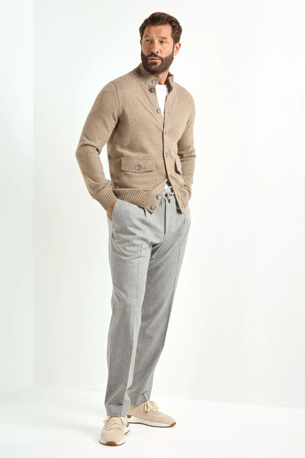 taupe cashmere bomber, men's knitted bomber, italian cashmere jacket, taupe knit bomber, luxury men's bomber, elegant men's jacket, refined knitted bomber, tailored taupe bomber, premium italian jacket, sophisticated men's bomber, timeless italian knitwear, upscale men's jacket, classic taupe bomber, italian craftsmanship jacket, premium men's cashmere bomber, refined italian knitted bomber