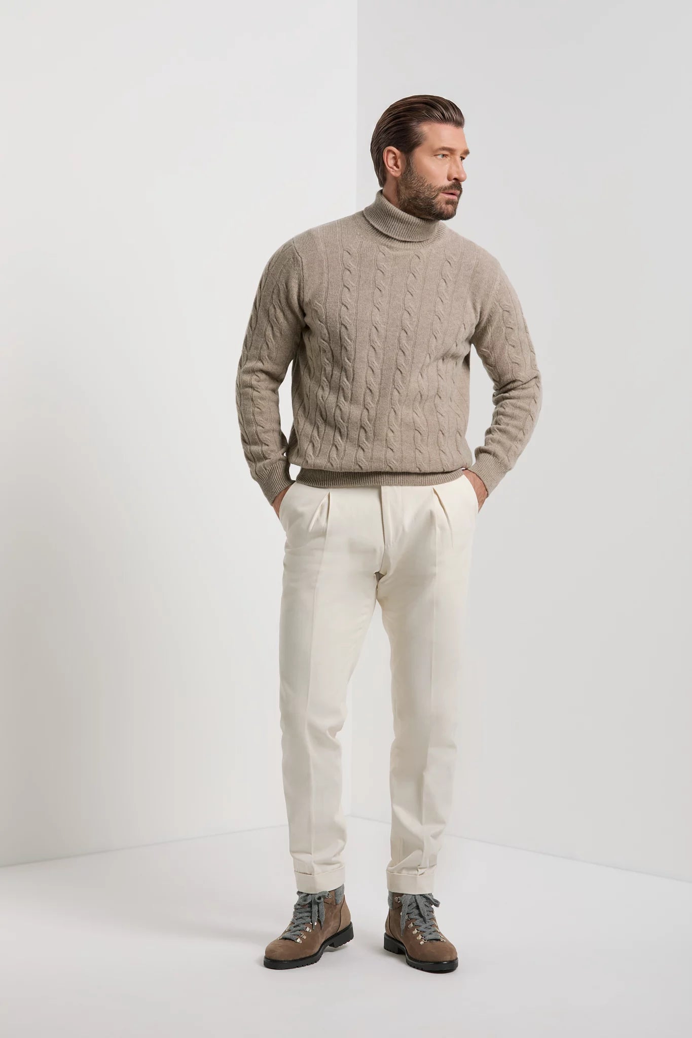 Pini Parma made in Italy men taupe cable knit turtleneck sweater