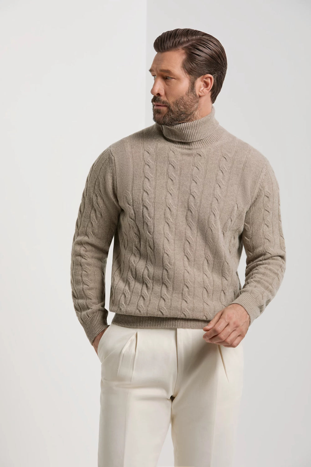 Pini Parma made in Italy men taupe cable knit turtleneck sweater