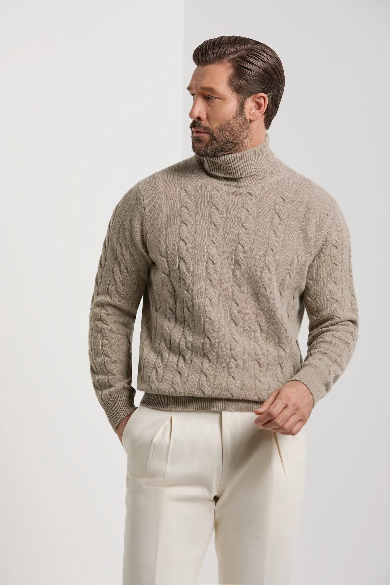 Pini Parma made in Italy men taupe cable knit turtleneck sweater