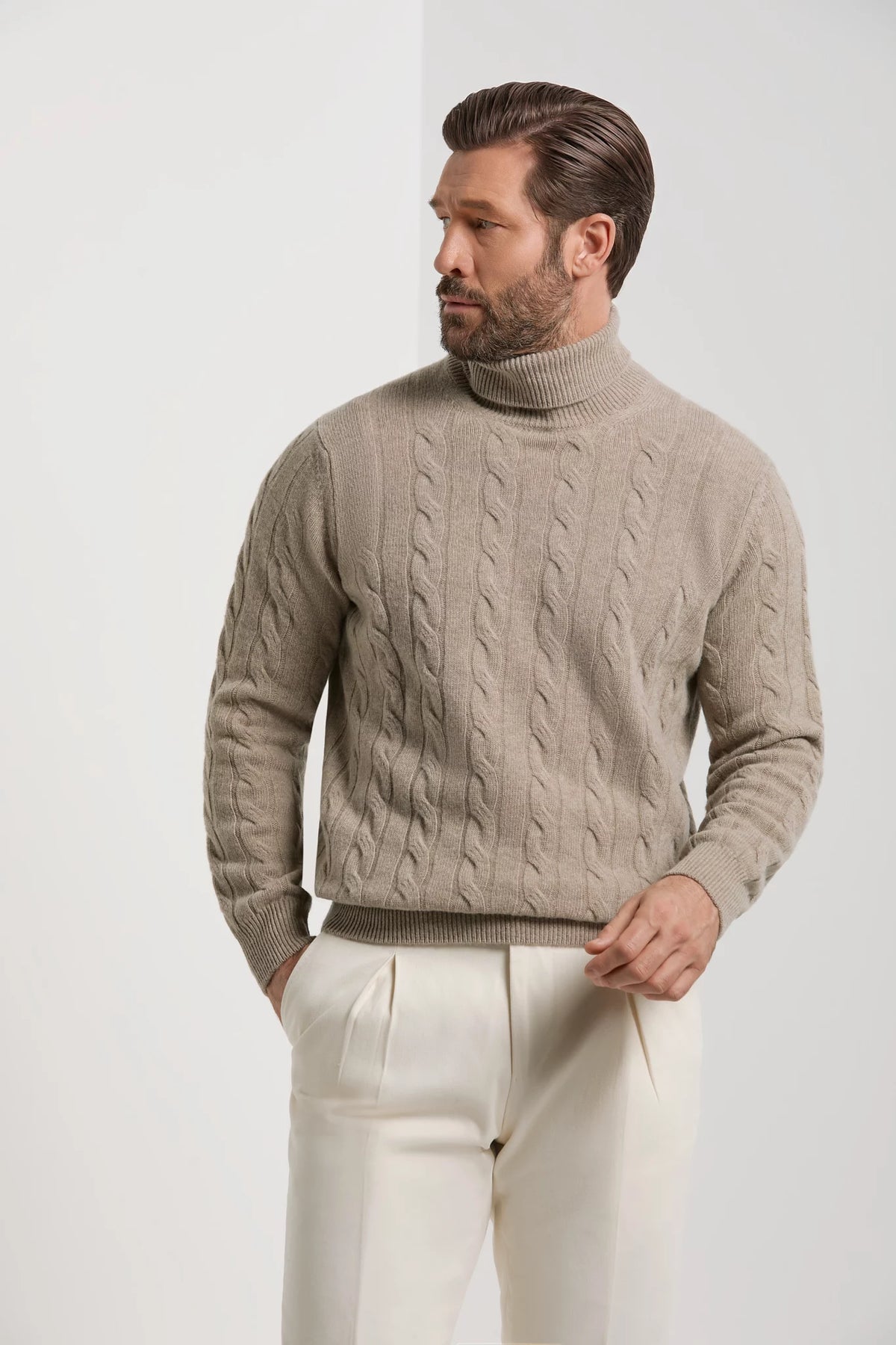 Pini Parma made in Italy men taupe cable knit turtleneck sweater