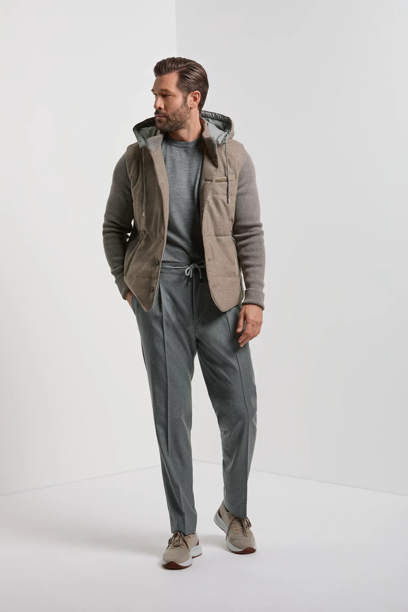 Pini Parma made in italy men taupe flannel knit hooded jacket