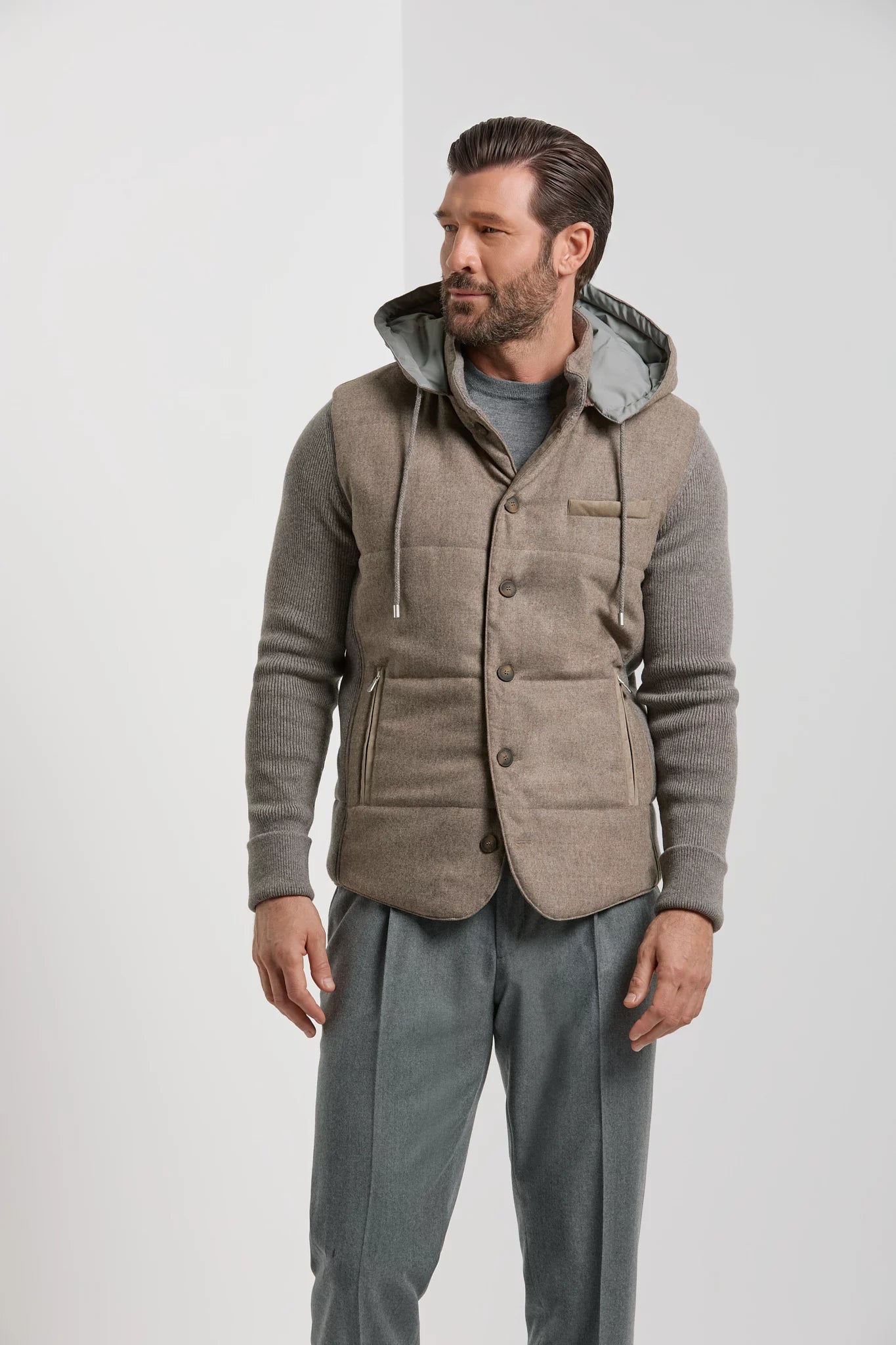 Pini Parma made in italy men taupe flannel knit hooded jacket